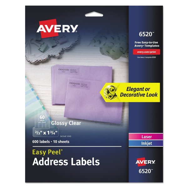 Avery Glossy Clear Easy Peel Mailing Labels, Inkjet/Laser, 0.66x1.75, PK600 06520
